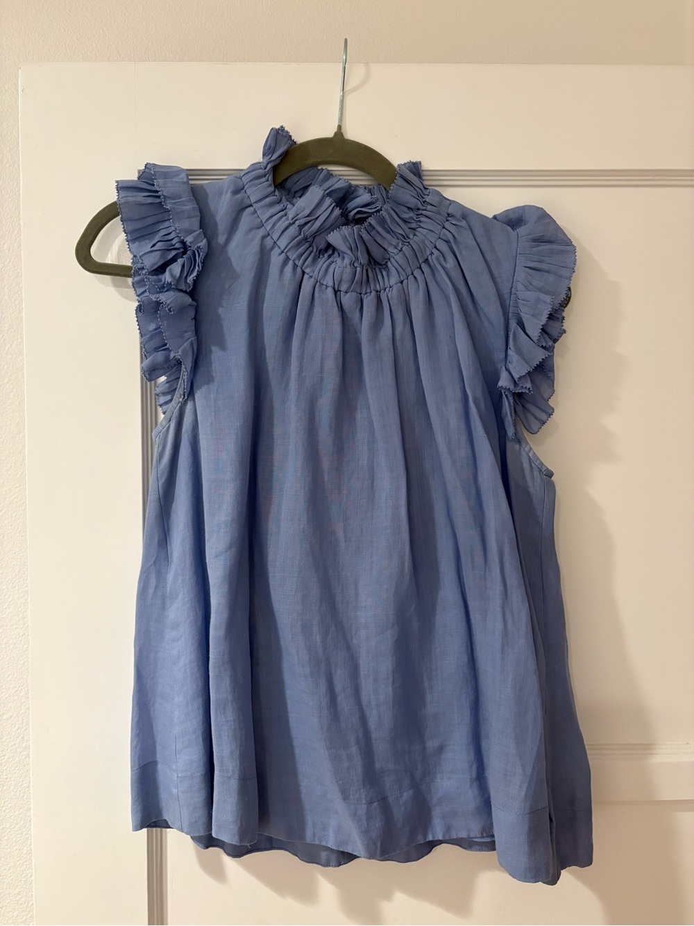 SEA Ramie Ruffle Collar Sleeveless Top in Blue (Size Small)